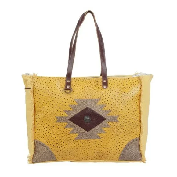 Myra Bag Handmade Suramya Weekender Tote Bag Upcycled Canvas & Cowhide L… - Picture 2 of 10